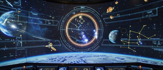 Inside a space warfare tactical room showing planetary defense systems and holographic star maps elements for orbital strike calculations.