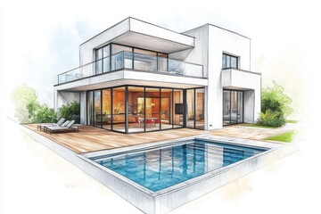 Modern architectural drawing of a luxury home with pool.