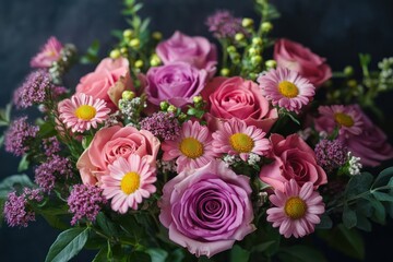 Close-up of a vibrant bouquet featuring pink and purple roses mixed with pink daisies and lush green foliage on a dark background