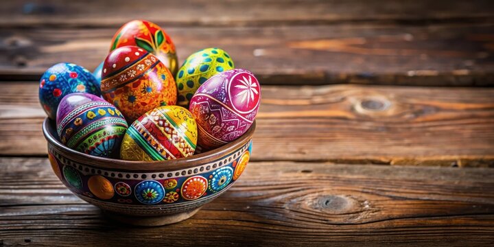 Colorful eggs arranged in a decorative vase on a wooden table