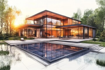 Obraz premium Modern wooden home with pool and landscape design.