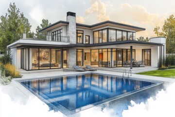Obraz premium Modern home design illustration with a pool and landscaping.