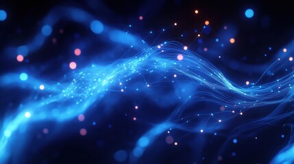 Fototapeta premium Abstract flowing network of blue luminous lines and particles with connected dots on dark background conveying technology and data flow