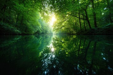 Obraz premium Lush forest reflected in tranquil water, a serene natural scene.