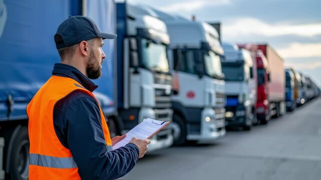 Customs Officer Inspecting Goods at Border Crossing with Lined-Up Trucks

