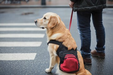 golden retriever dog wearing a black harness with a red pouch sitting calmly on a city street next to a person holding a red leash near a pedestrian crossing