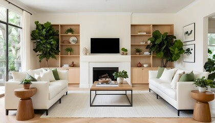 Modern Living Room Interior with White Couches, Built-in Shelving, and Fiddle Leaf Figs