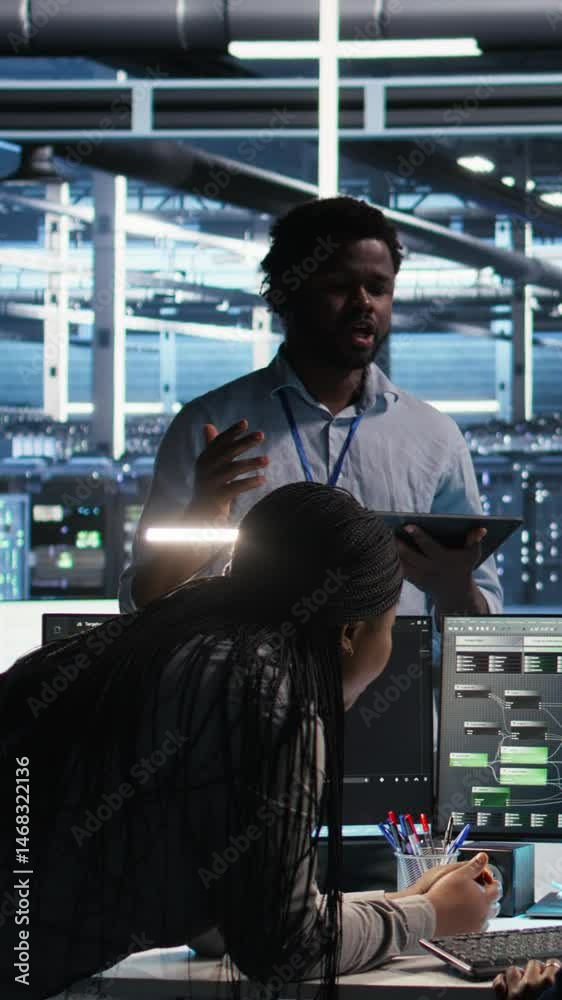 Poster vertical video server hub engineering team working together, using node tree software to optimize sy