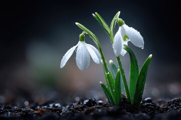 Obraz premium Delicate snowdrop blossoms in a dark ground setting.