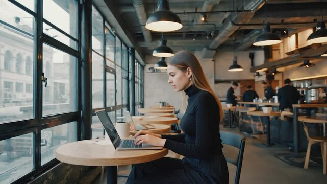 Woman working on laptop in cafe