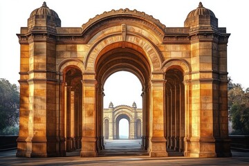 Obraz premium Sunlit ancient sandstone arches forming an elegant corridor with repeated architectural archways and domed tops, evoking a sense of history and calm