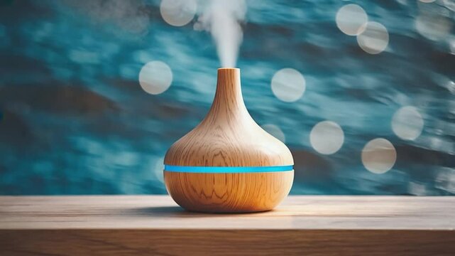 Wooden diffuser with steam and light blue glow