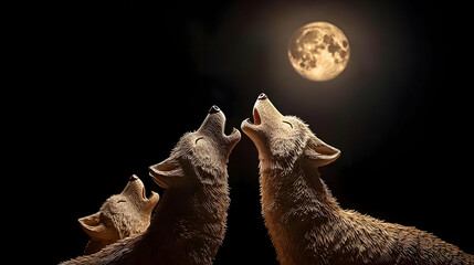 Obraz premium Three Wolves Howling At The Full Moon In The Night