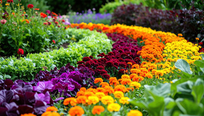 Vibrant edible flower garden with rainbow of colors and textures, showcasing beautiful array of blooms and greenery