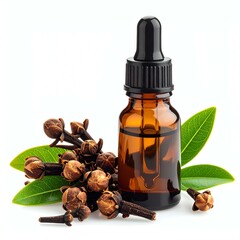 A close-up of clove essential oil bottle with cloves and leaves on a white background.