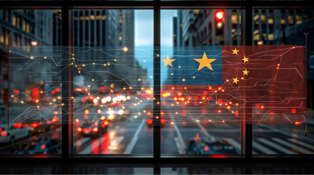 Digital China overlay. Blurred cityscape with futuristic China flag and data graphics. Ideal for topics on global technology, geopolitics, or digital economy. - Powered by Adobe