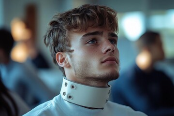 young man with light brown curly hair wearing a white neck brace looking thoughtfully upwards in a softly lit indoor setting with blurred people in the background