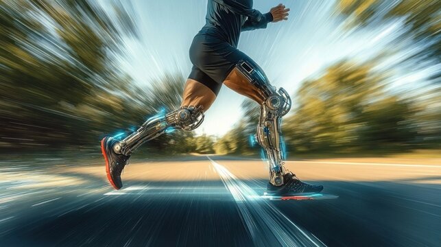 Runner with advanced bionic prosthetic legs sprinting quickly on a paved road surrounded by nature under daytime lighting