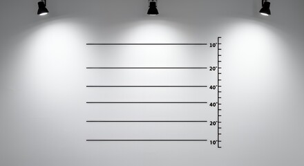 Isolated White Mugshot Wall with Black Height Chart and Spotlights for Crime Scene Depiction