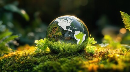 Glass globe showing North and South America resting on green moss surrounded by plants with soft natural lighting evoking environmental care and harmony