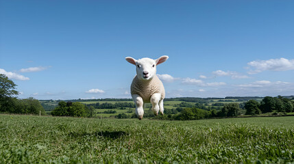 Obraz premium Adorable Lamb Jumping In A Meadow
