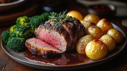Plate with sliced medium rare roast beef, roasted baby potatoes, and steamed broccoli garnish in a savory sauce