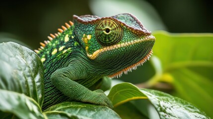 Obraz premium Detailed close-up of a vibrant green chameleon.