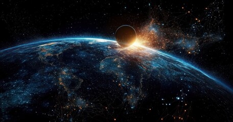 Obraz premium View of the planet Earth from space with illuminated city lights and a celestial body partially obscuring the sun, emitting bright light and surrounded by stars and cosmic connections