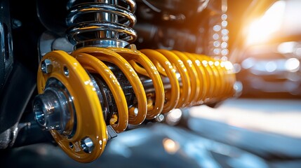 Close-up of a vibrant yellow coilover suspension system