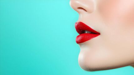 Naklejka premium Close Up Profile Of Woman With Red Lipstick On Aqua Background