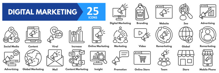 Digital Marketing icon set. with icons of digital marketing, branding, website, seo, advertising, social media, content, viral, increase, online marketing, marketing, video, remarketing, global