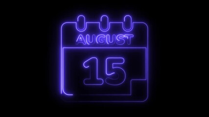Neon august 15 calendar icon animation on black background