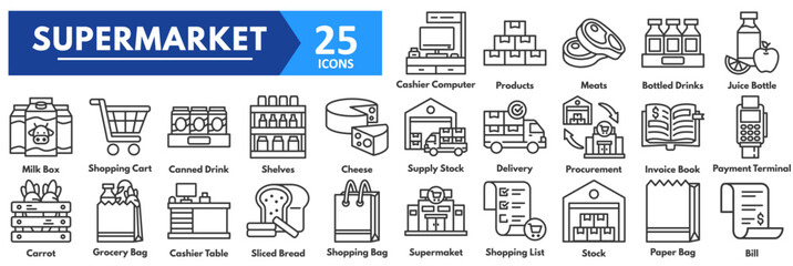 Supermarket icon set. with icons of supermarket, shopping list, stock, paper bag, bill, cashier computer, products, meats, bottled drinks, juice bottle, milk box, shopping cart, canned drink, shelves 