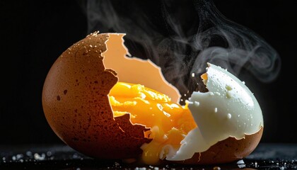Steaming cracked egg with yolk and shell fragments against dark background