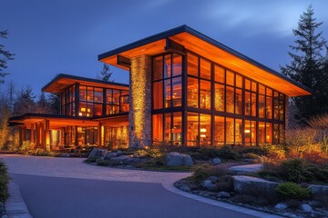 Modern residential home at twilight, illuminated facade.
