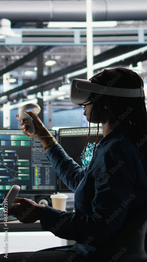 Poster vertical video data center technician using virtual reality tech and node tree software to analyze d