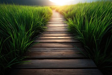 Sunlit wooden walkway through a vibrant green field.