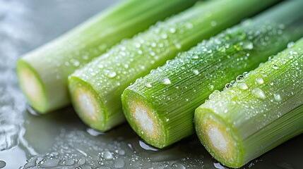 Fresh, dewy green stalks, halved, showcasing vibrant inner core
