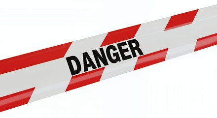 White Barricade Tape with Red Stripes and Black Text Isolated on White Background