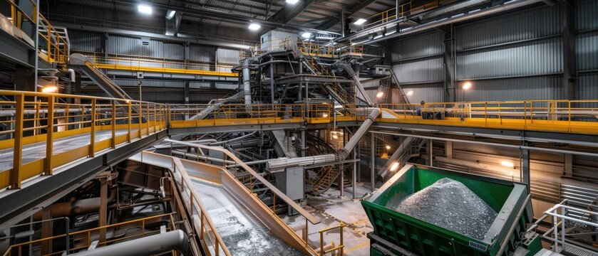 Tin ore processing facility showcases crushing and grinding circuits with conveyor systems under industrial lighting and possible control room.
