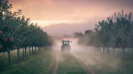 Fototapeta premium Dawn's misty embrace, a tractor rolls through rows of fruit trees in an organic apple orchard, a dreamy farming scene.