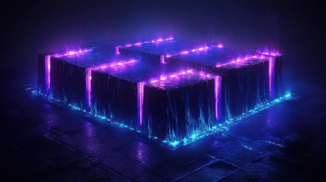 Abstract futuristic glowing cube structure with vibrant neon light in a dark digital space for modern technology themes