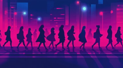 Urban crossing at night, silhouette of women in an abstract digital city