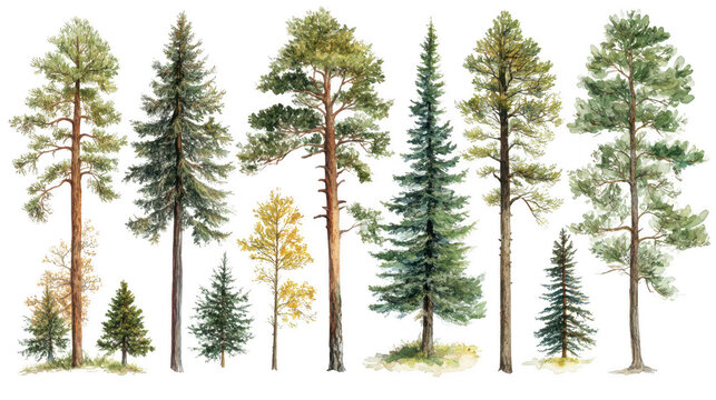 Watercolor painting of different types of trees with a transparent background