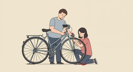 Couple Fixing Bicycle Together Teamwork and Repair