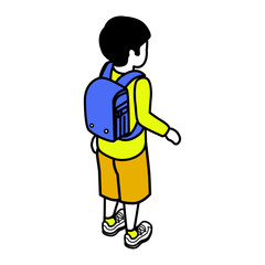 Boy with a Japanese school backpack on his back, seen from behind - isometric clip art