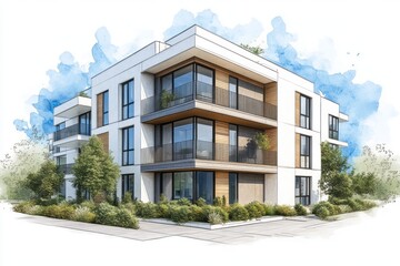 Fototapeta premium Modern residential building design rendered in watercolor style.