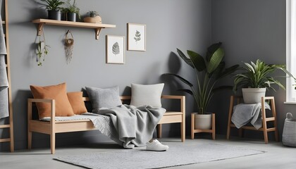 Modern Minimalist Living Room Interior with Light Wood Bench and Greenery