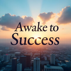 text="Awake to Success" on a blurred dawn background with softly rising clouds and subtle cityscape outlines. Elegant modern sans-serif font, 96 pt, dynamic left-aligned with generous leading and a me