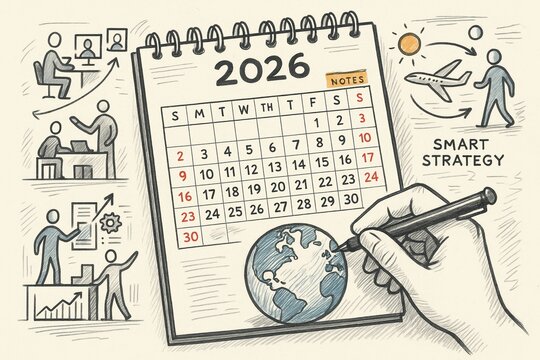 2026 planning calendar with business strategy illustrations and global focus